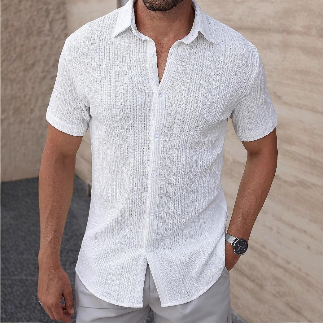 Men's Clothing Short Sleeved Shirt Textured Lapel Single Breasted Casual Shirt