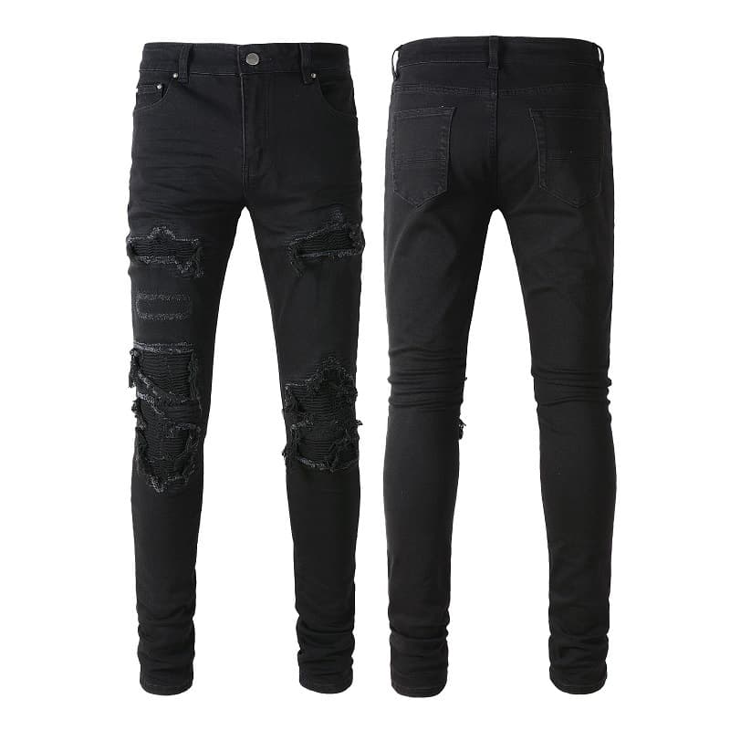 Men's Clothing black patch pleated men's jeans men's street broken copper slim fit skinny pants men's clothing