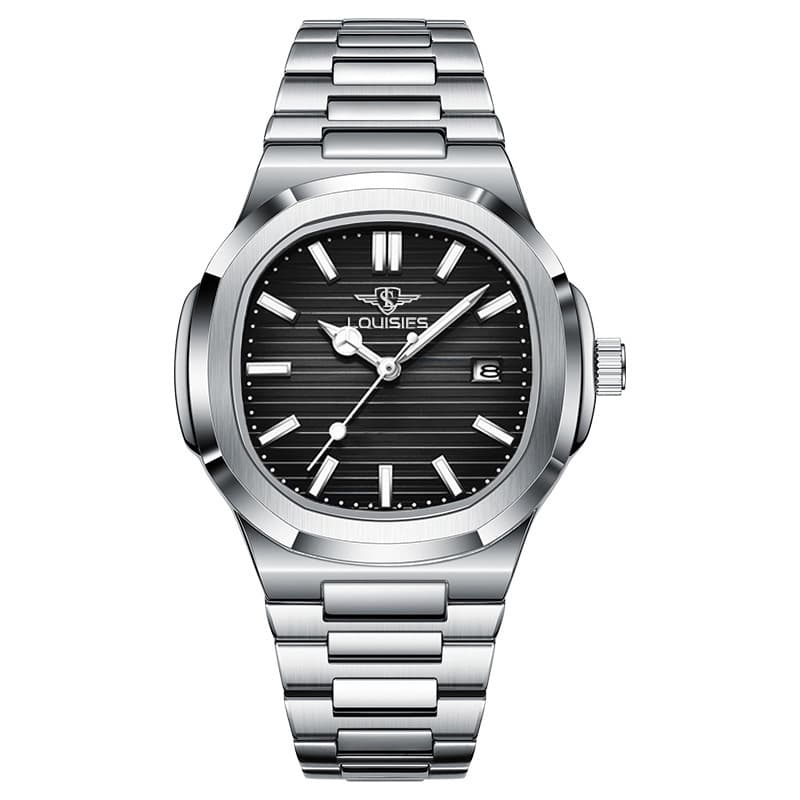 Men's Luxury Stainless Steel Quartz Watch With Luminous Hands, Moon Phase & Day Display, Business Style, 30M Water Resistant