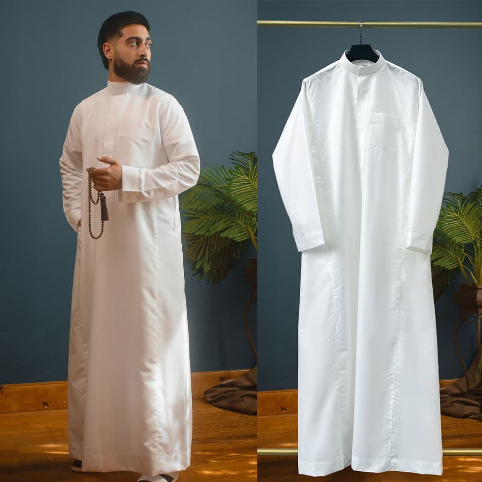 Men's Traditional White Arabic Robe (Thobe), Loose Fitting And Breathable Prayer Garment, Middle Eastern Ethnic Style Everyday Formal Wear.
