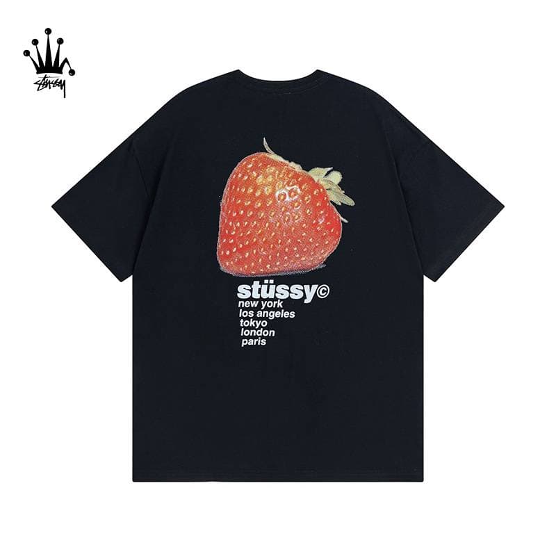 Stussy Letter Strawberry Pattern Printed Pure Cotton Short Sleeved T-shirt