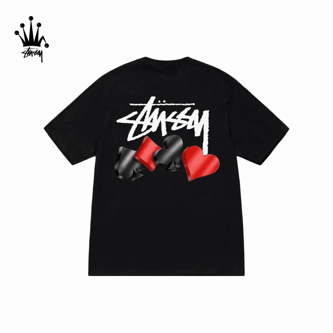 Stussy FW23 SUITS TEE Poker Flower Printed Round Neck Short Sleeved T-shirt For Men And Women