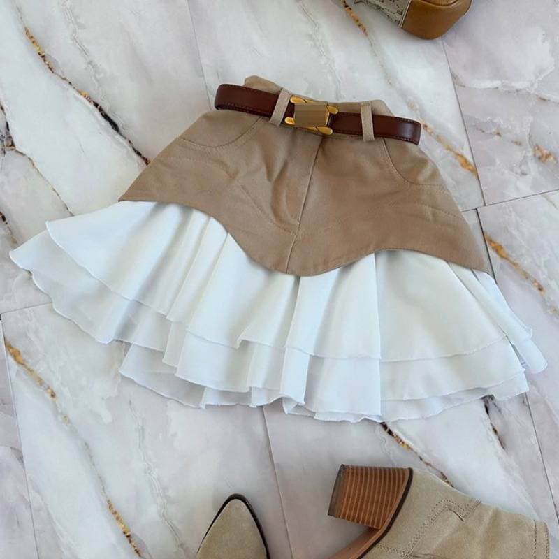 K New Women's Dress With Lace Frills On The Hem Of The Cake Skirt; Short Skirt With High Waist And Half-body Skirt. Without Belt