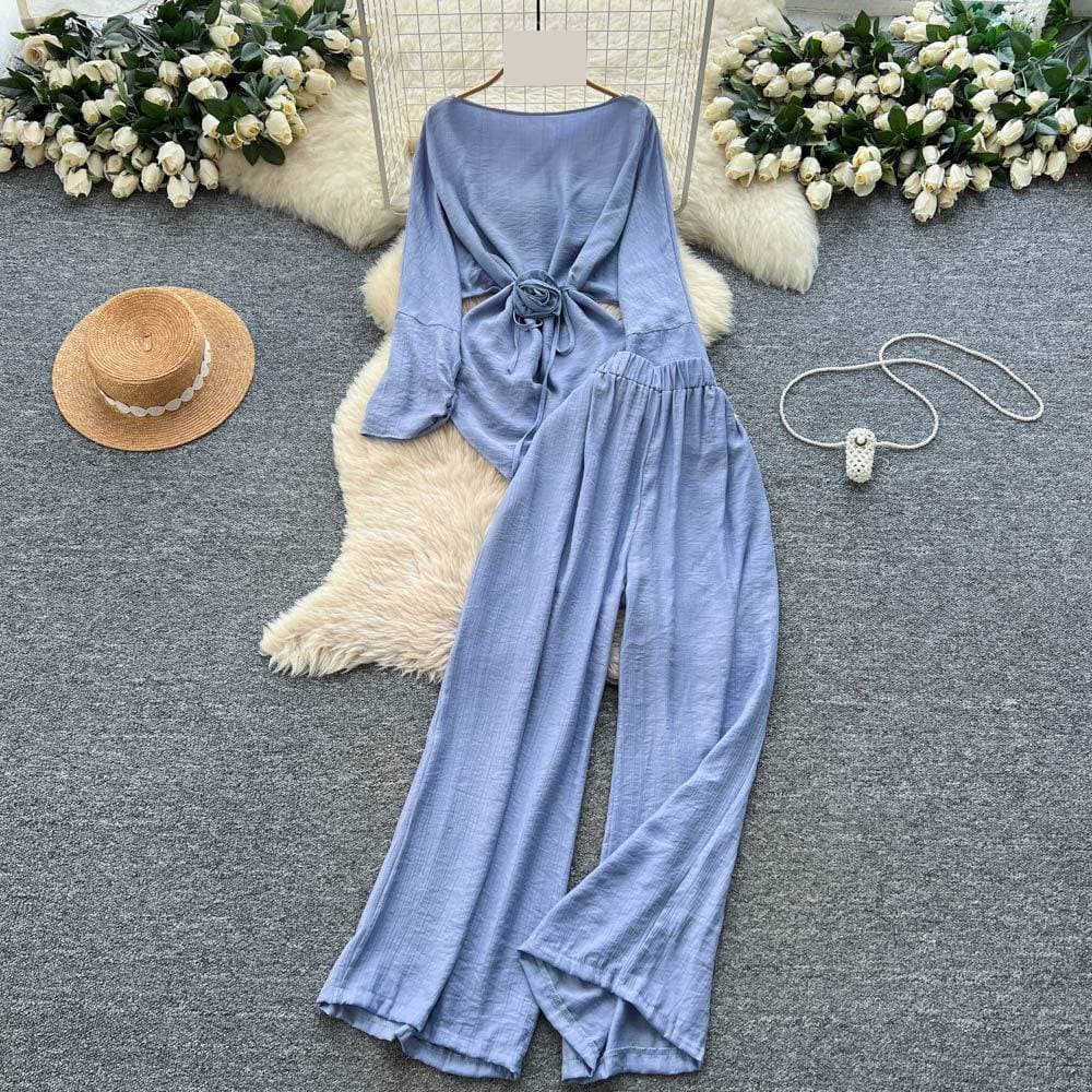 Elegant Floral Tie-Waist Top & High-Waisted Wide Leg Pants Set – Women’s Spring/Summer Outfit