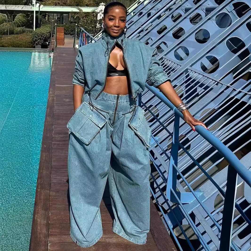 Women's Clothing Fashion Retro Wide Leg Loose Heavy Duty Denim Two Piece Suit Women's Clothing