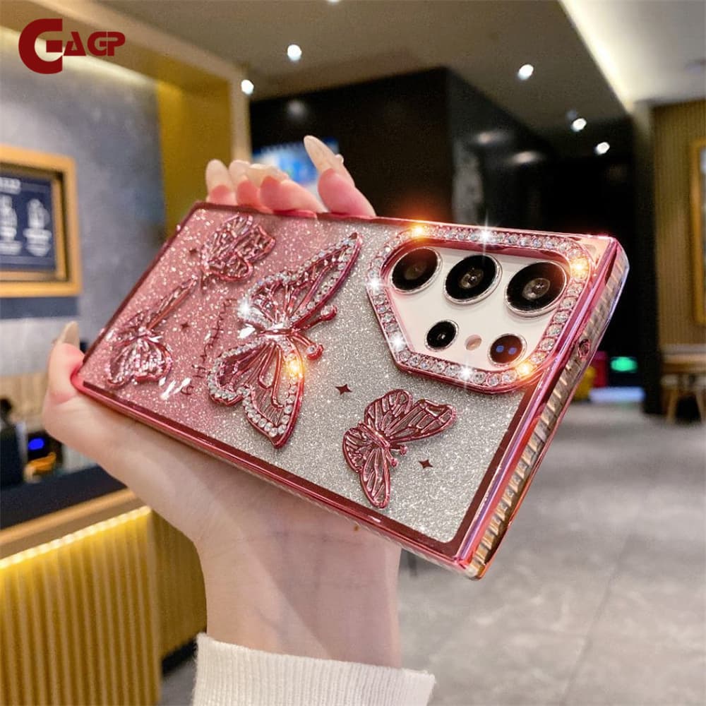 3D Dia Glitter Butterfly Phone Case For Samsung Galaxy S24 S23 Ultra S25 Plus S23fe A26 Transparent Plating Cover