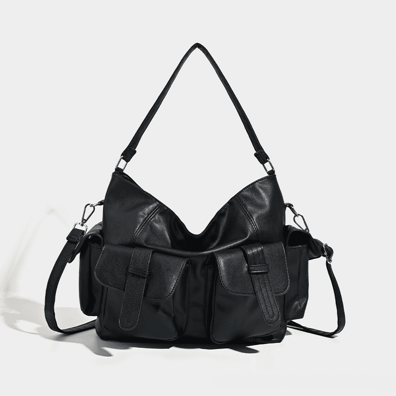 Large Capacity Messenger Bag New PU Texture Trend Niche Design Underarm Bag Handheld Black Solid Color Motorcycle Bag