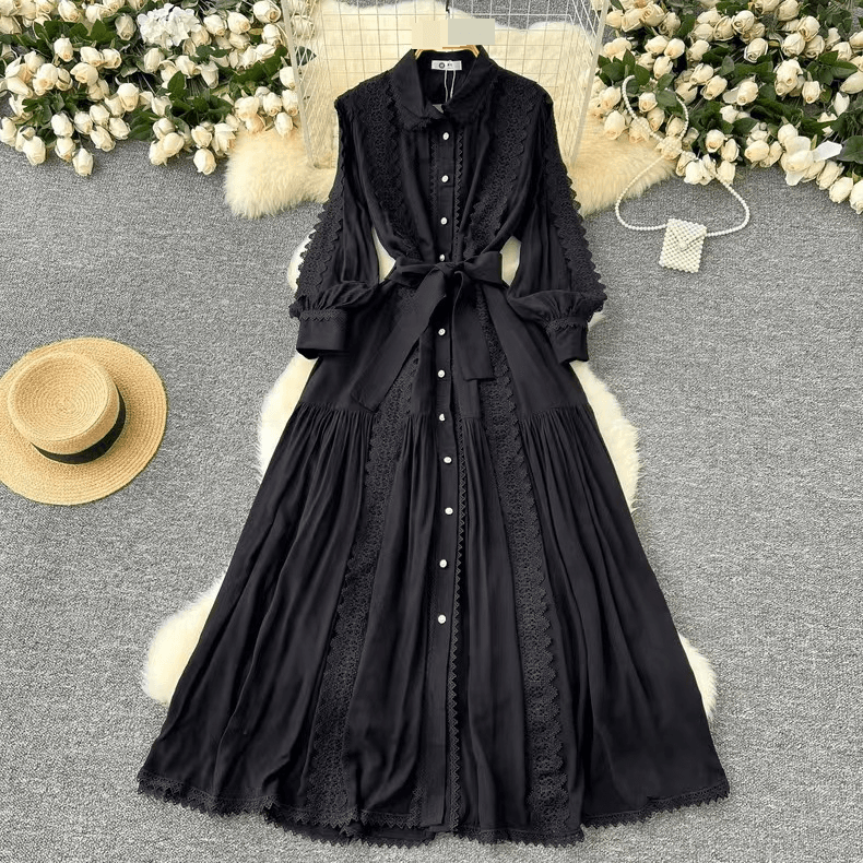 Women's Clothing Autumn Celebrity Niche High End Lace Splicing Single Breasted Waist Knee Length Skirt