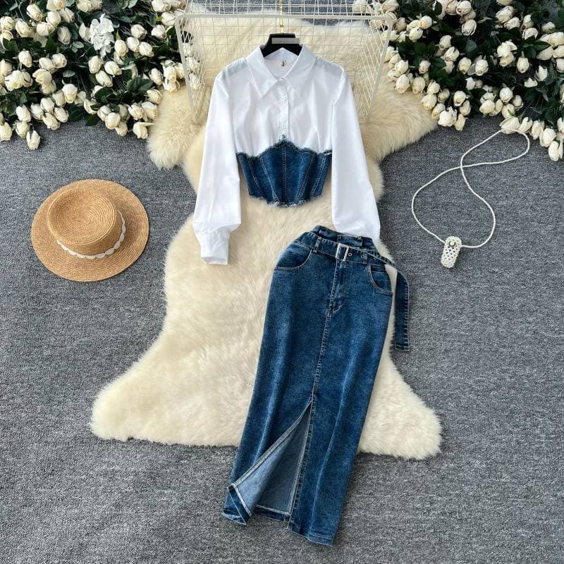 Denim Skirt Set – Belted Shirt & A-Line Skirt, Polyester-Blend Office-To-Dinner Outfit (S-Xl, Blue) Waist-Defining Magic​