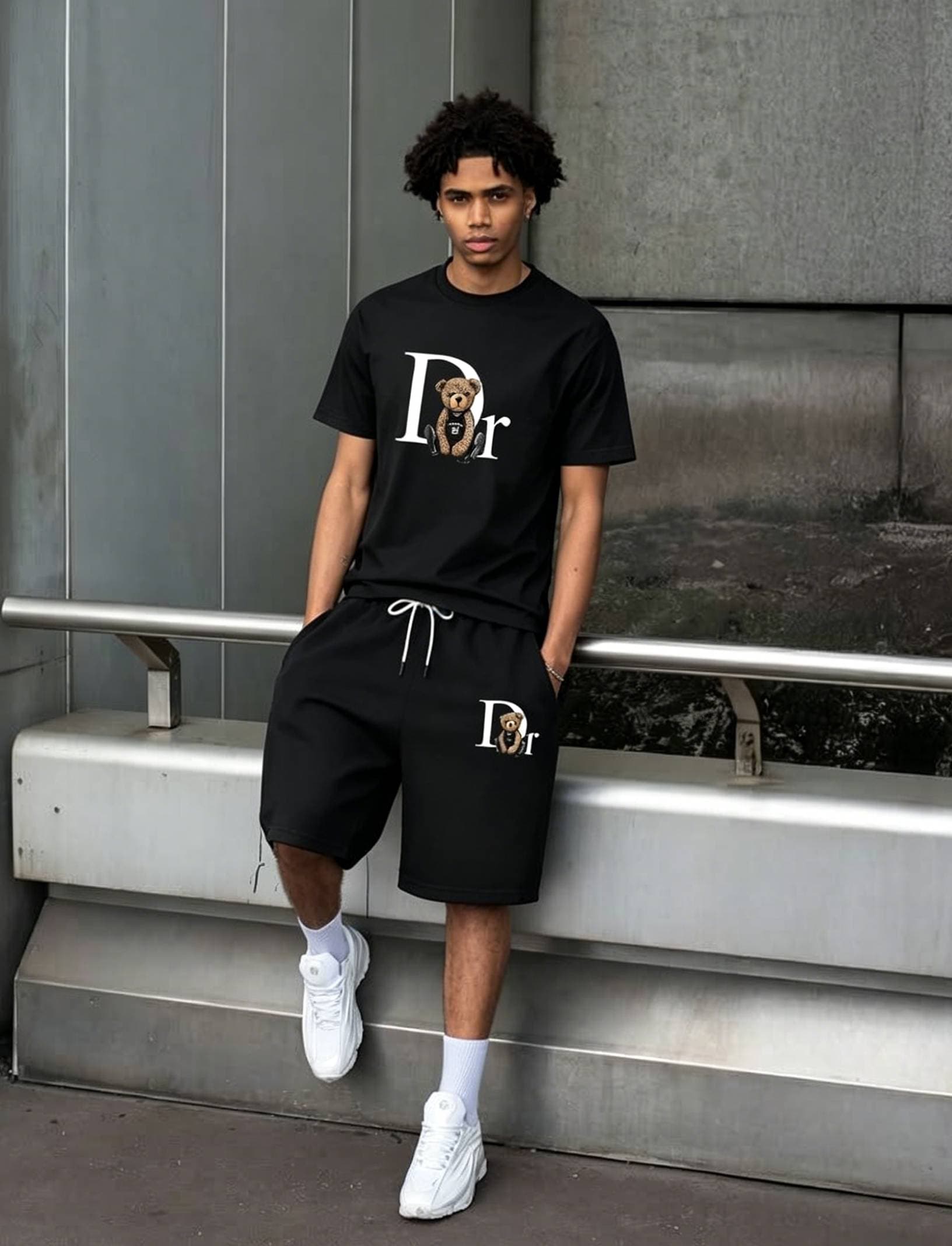 Men's Clothing Men's Summer Trend Short Sleeve T-Shirt And Casual Sports Shorts Set - Printed Fashion Two Piece Suit In Black/Gray/White