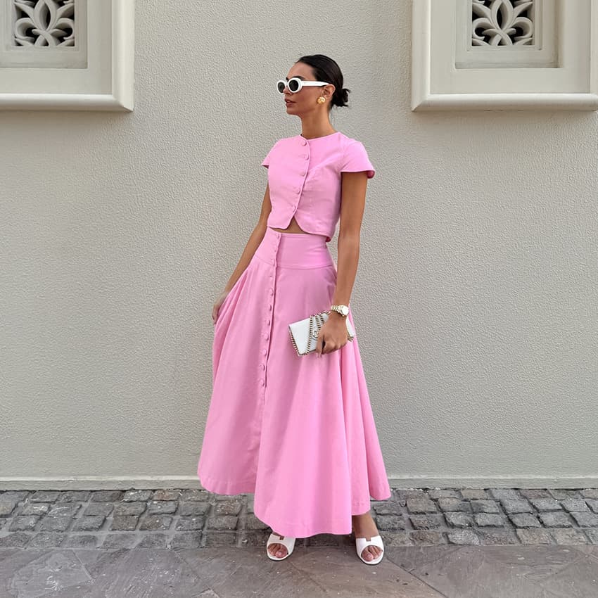 French-style Elegant A-line Dress Set For Women, Summer Inspired Little Chanel Pink Top And Skirt Two-piece Women's Wear