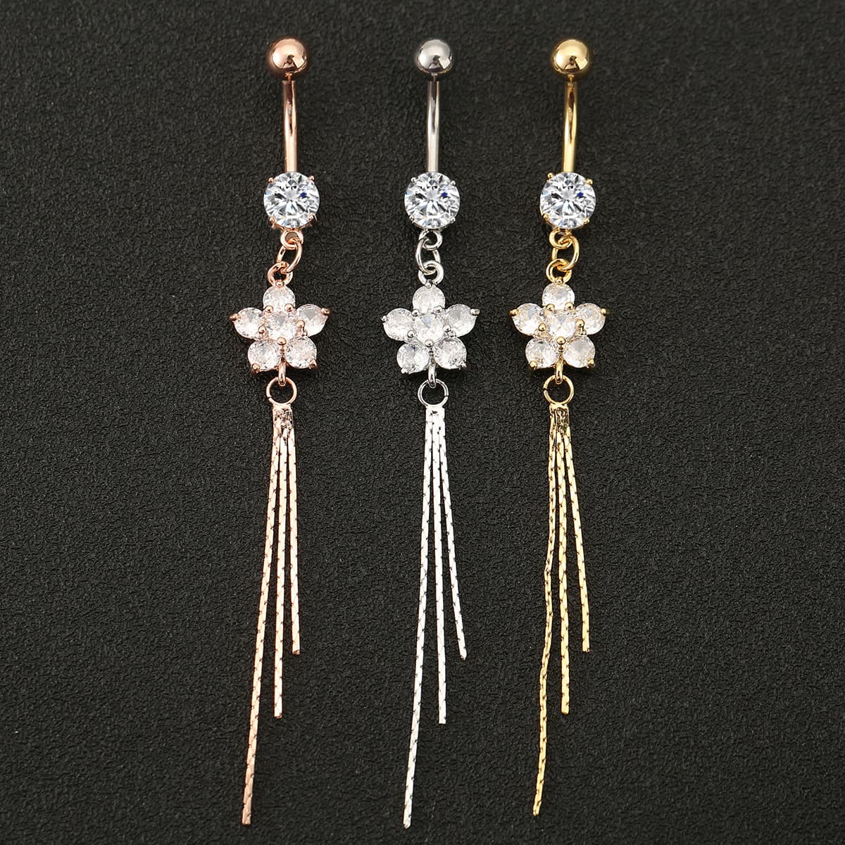Stainless Steel Flower Tassel Belly Ring - Long Body Piercing Jewelry