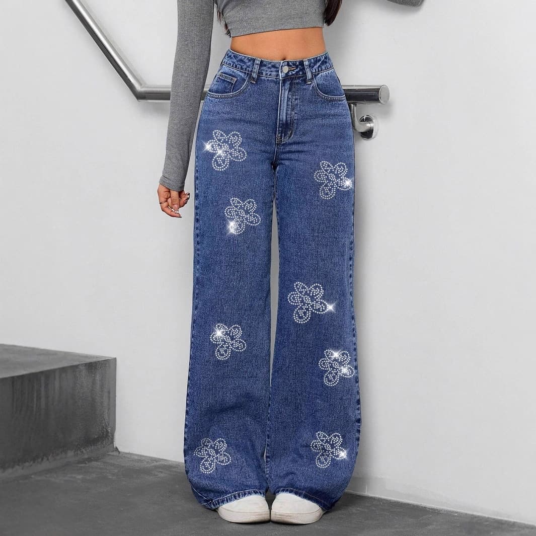 Women's Clothing Floral Rhinestone Loose Floral Rhinestone Embroidered High Waist Straight Leg Jeans - Loose Fit Denim Pants For Casual & Streetwear​