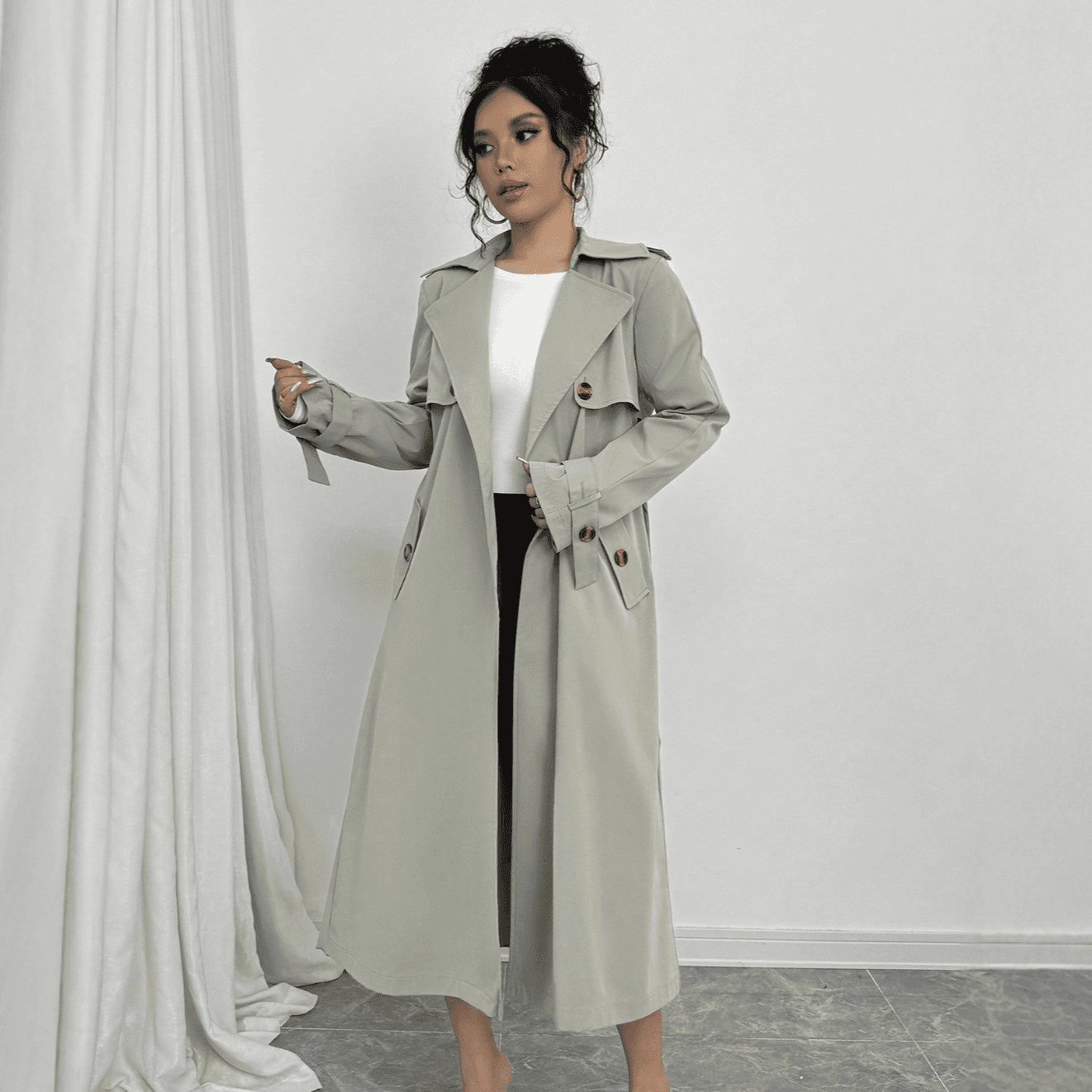 Norns Girl Women's Long Trench Coat – Korean-Inspired British Style Belted Overcoat With Stand Collar (Light Green, S-XL)