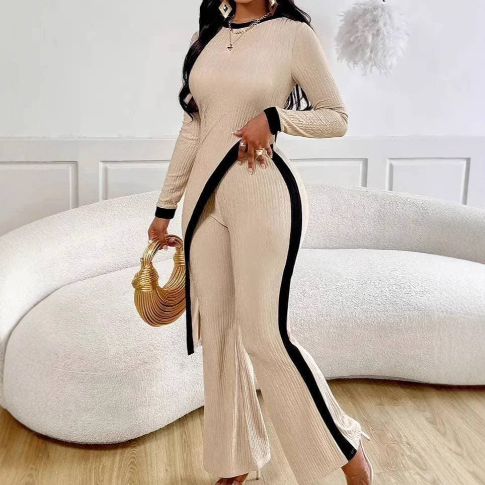 ​Contrast-Trim Side Slit T-Shirt & Patchwork Pants Set – Modern Feminine Office-to-Outfit​