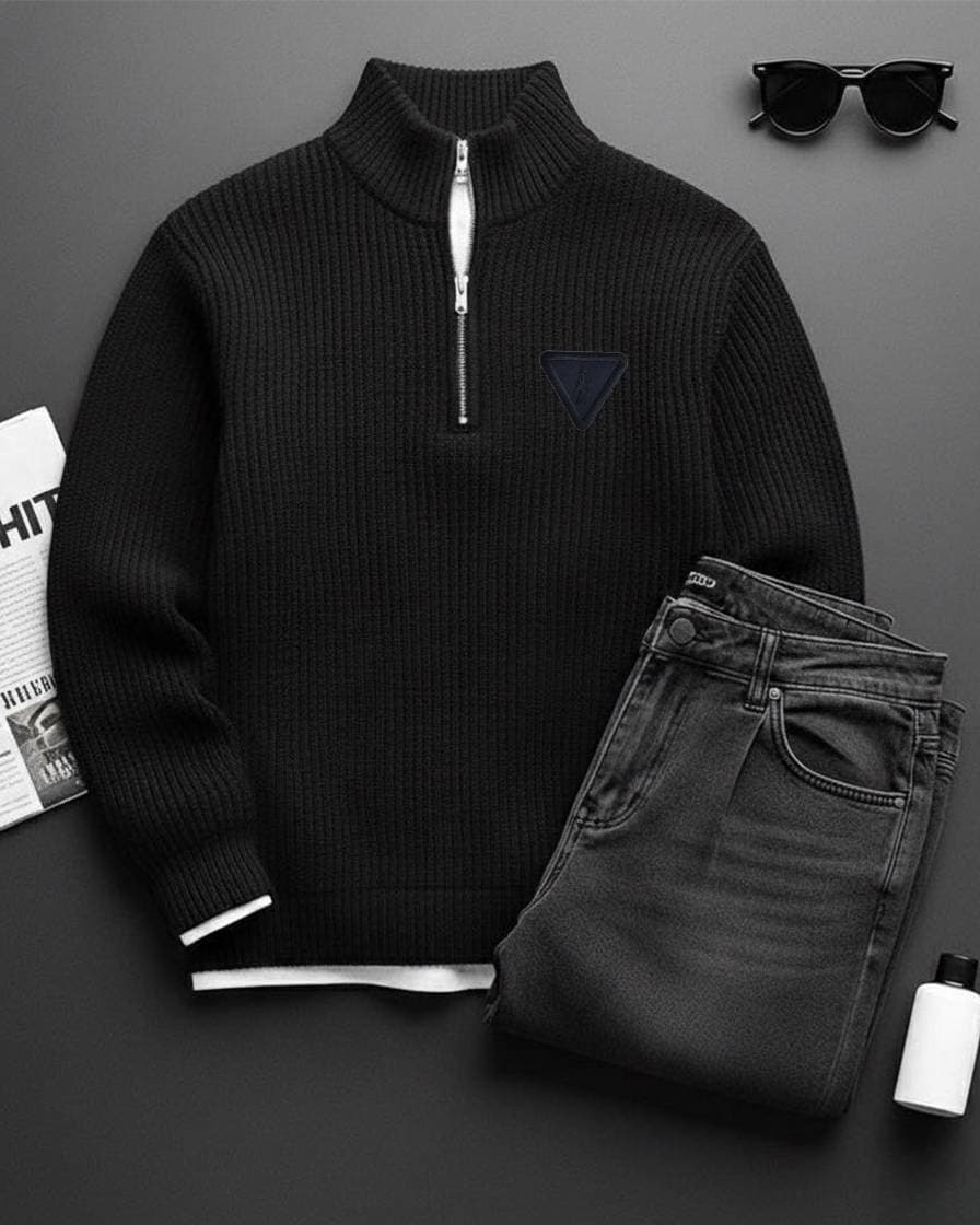 Haut rétro en maille à demi-zip avec badge lettre Paris - Collection automne/hiver pour homme