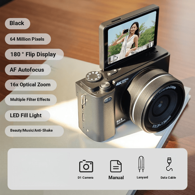 D1 CCD Mirrorless Camera – 16X Zoom, 2.8" Flip Screen, 12MP HD For Travel & Selfies (Includes TF Card Options, Electronic Stabilization, Auto Mode)​