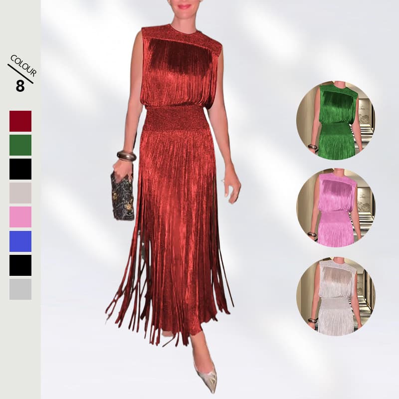 Women's Clothing Summer New Solid Color Sexy Elegant Tassel Dress Party Sleeveless Dress Two Piece Suit