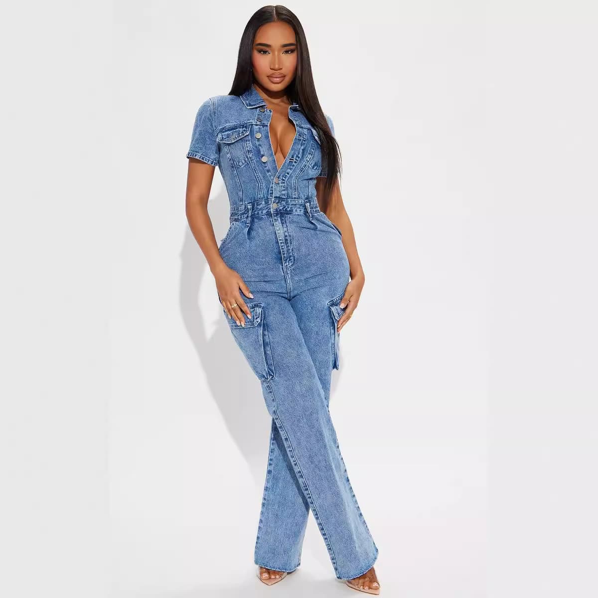 Women's Clothing Tight Waist Slim Elastic Fried Flower Washed Denim Jumpsuit Jumpsuit Flared Pants