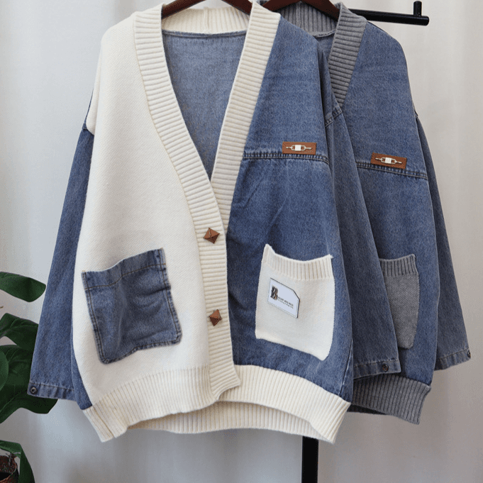 Women's Clothing loose lazy style denim splicing design knitted cardigan women's sweater jacket