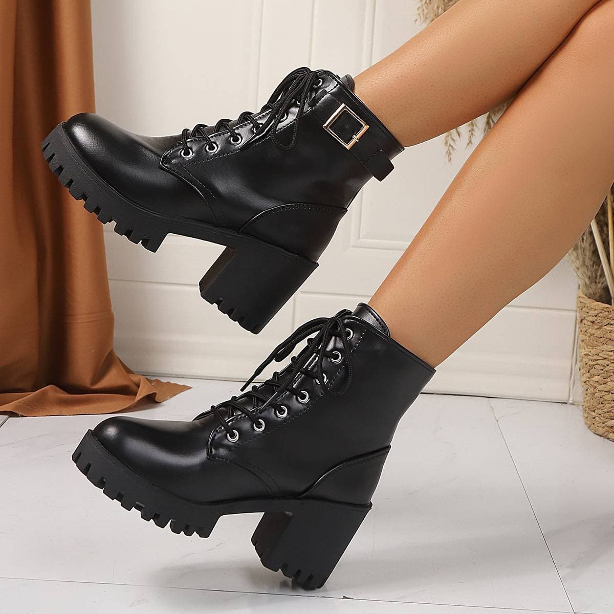 Early Autumn New Style Women's Boots High-heeled Black Lace-up Leather Boots For Women