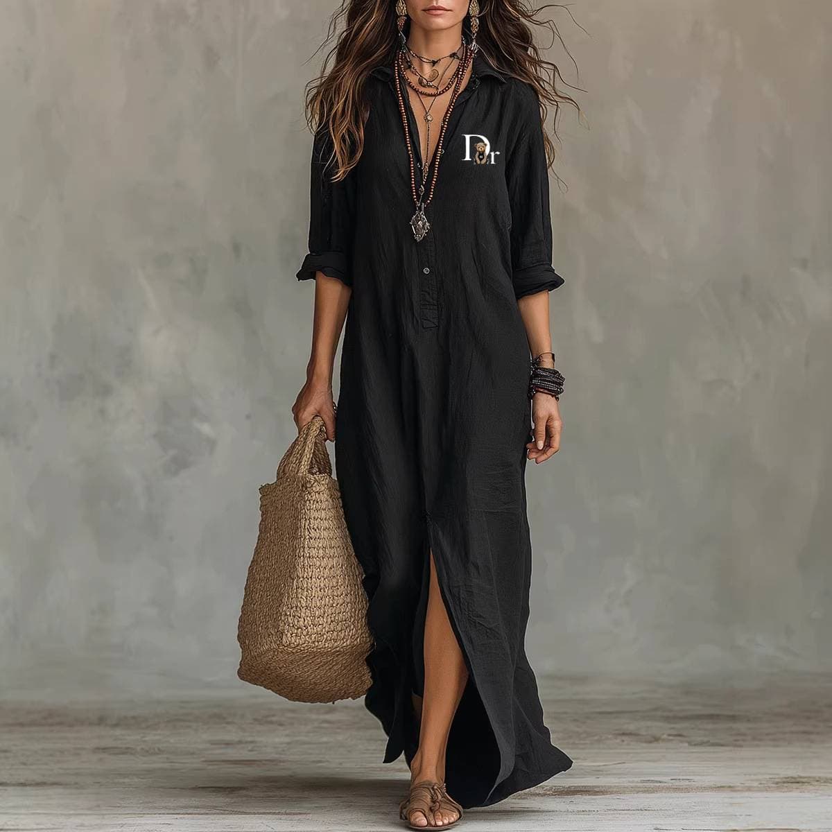 Robe longue fendue à col en V pour femme - Tunique de plage style resort - 1