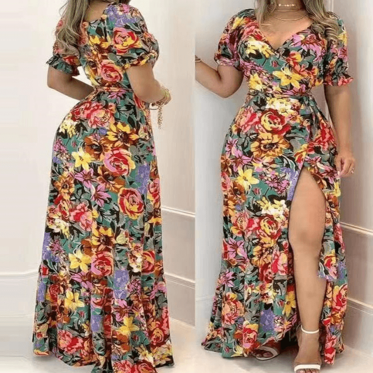 Women's Clothing New Short Sleeved Printed V Neck Waist Tie Dress Long Skirt