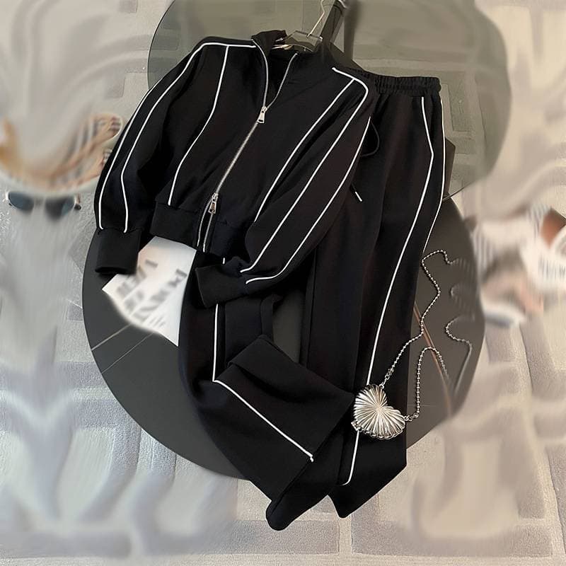 Women's ClothingZipper Hooded Sweatshirt Women's Trendy Brand High Waist Simple Fashion Straight Sweatpants Women's Suit