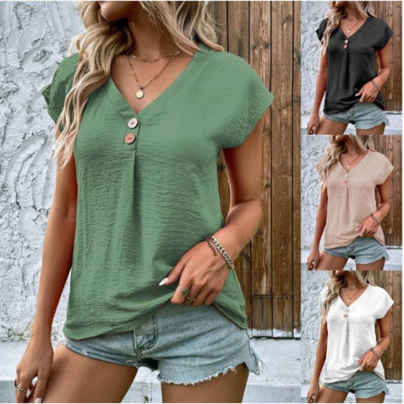 Women's Casual Short-Sleeve V-Neck Blouse – Lightweight Polyester Button-Up Top For Work & Weekend (S-XXL, Solid Colors)