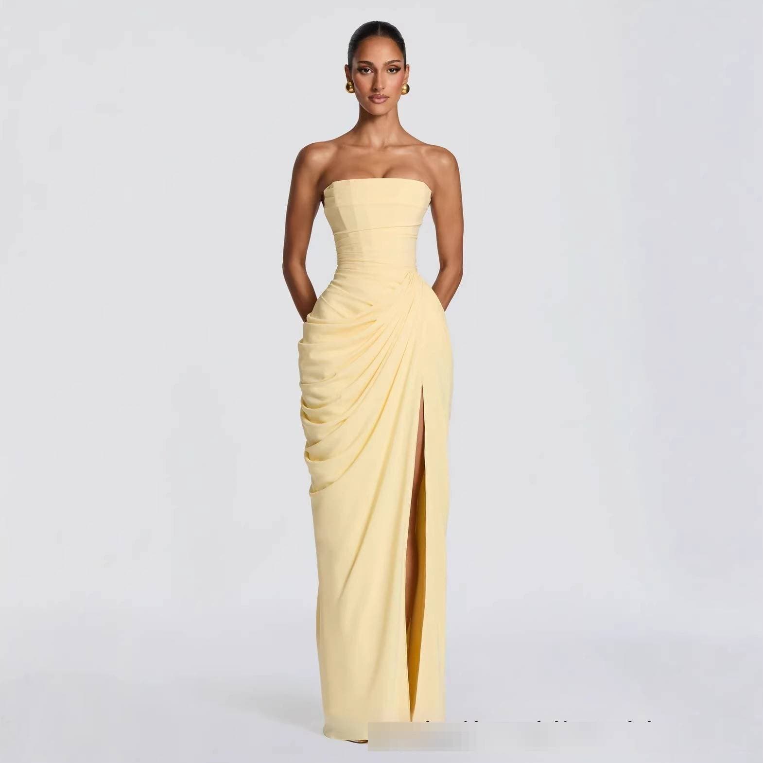 Women's Off The Shoulder Strapless Evening Dress Solid Color Slit Backless Fashionable Sexy
