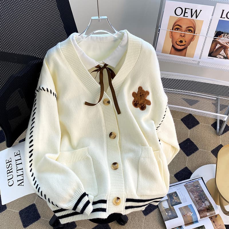 Women's Clothing Korean version of bear rope fashion sweater women's jacket autumn and winter new lazy style knitted cardigan outerwear top