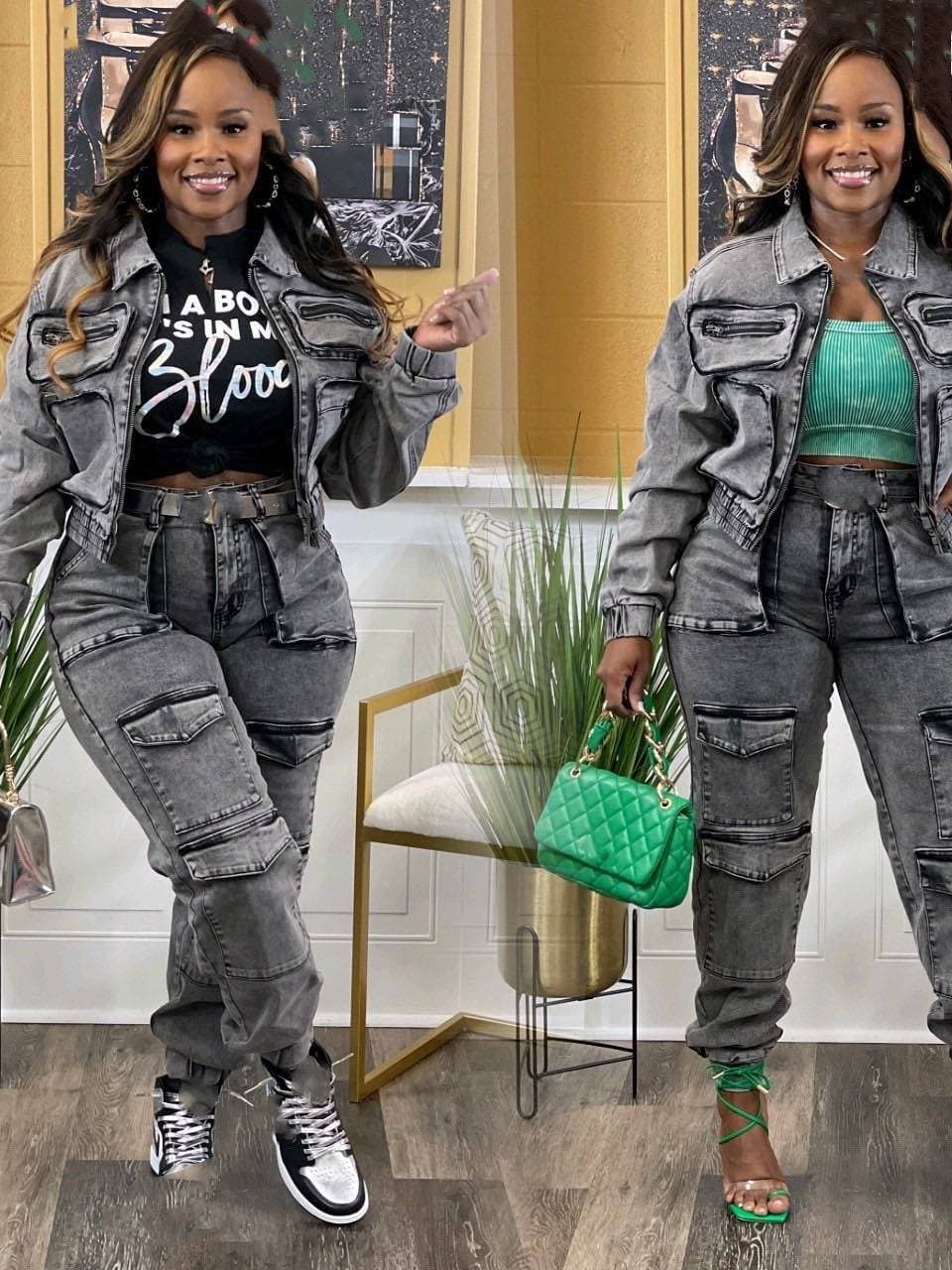 Women's Clothing fashion sexy high elastic multi pocket washed denim casual suit two piece suit