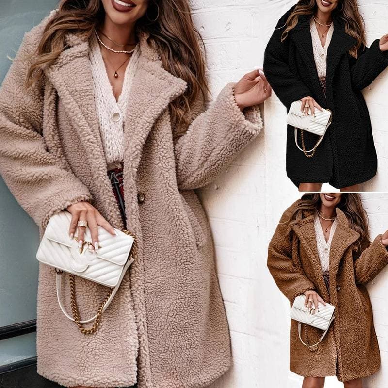 Faux Fur Lapel Coat For Women – Oversized Long Sleeve Fleece Jacket With Button Front, Punk Streetwear In Khaki/ Polyester-Spandex Blend