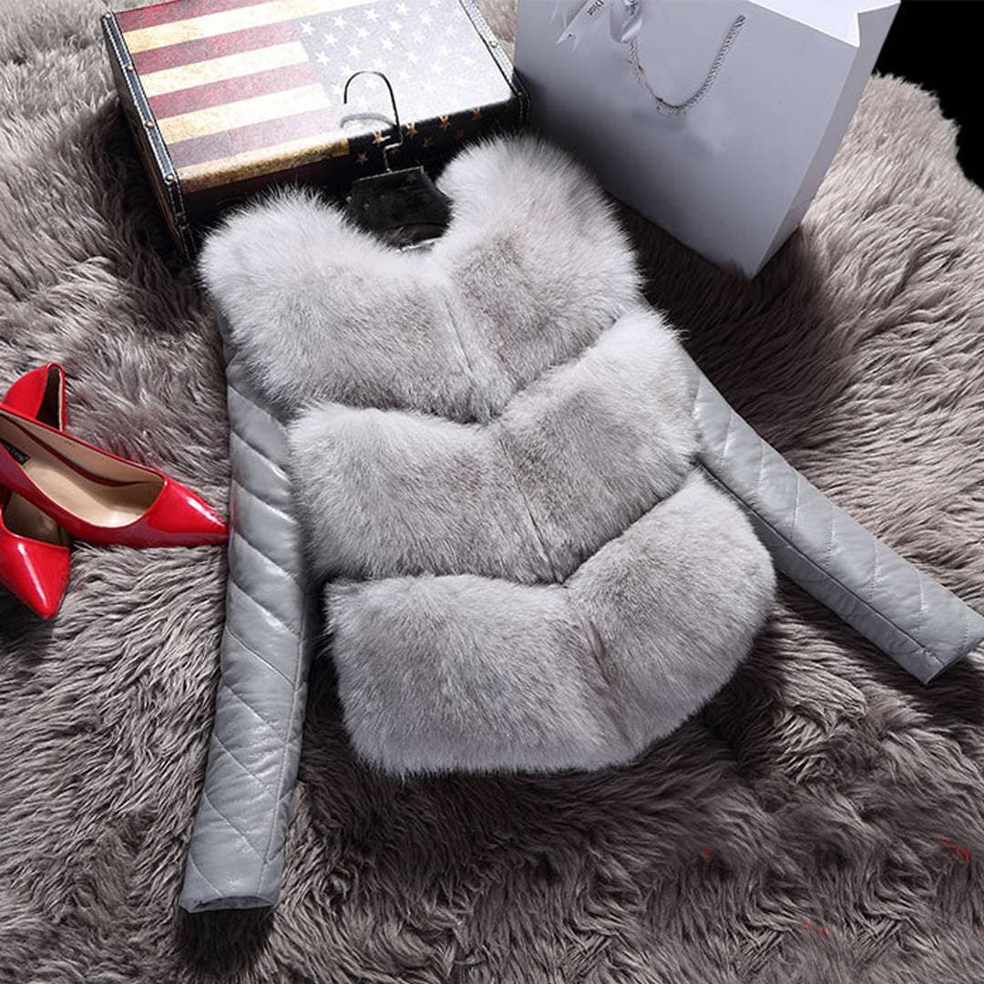 Women's Fox Fur Splicing PU Fur Coat Short Rabbit Hair Removal Long Sleeve Vest Padded Coat
