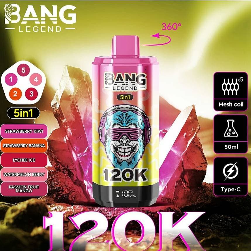 1 cigarette électronique jetable Bang Legend 120 000 bouffées, résistance Mesh 120k, affichage LED, 5 saveurs en 1 réglables, 2 % de nicotine