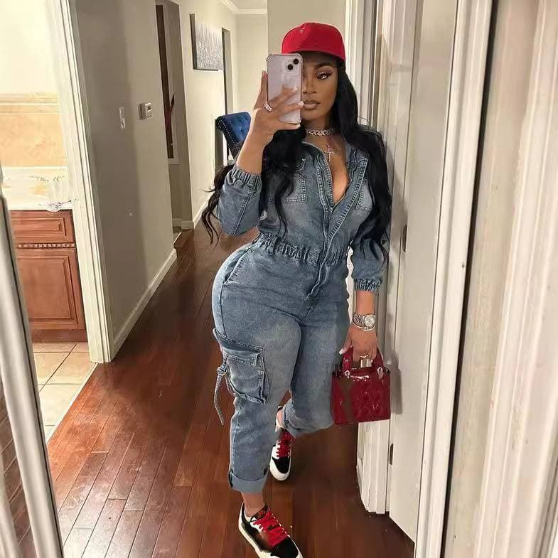 Women's Clothing Fashion Washed High Elastic Long Sleeved Jumpsuit