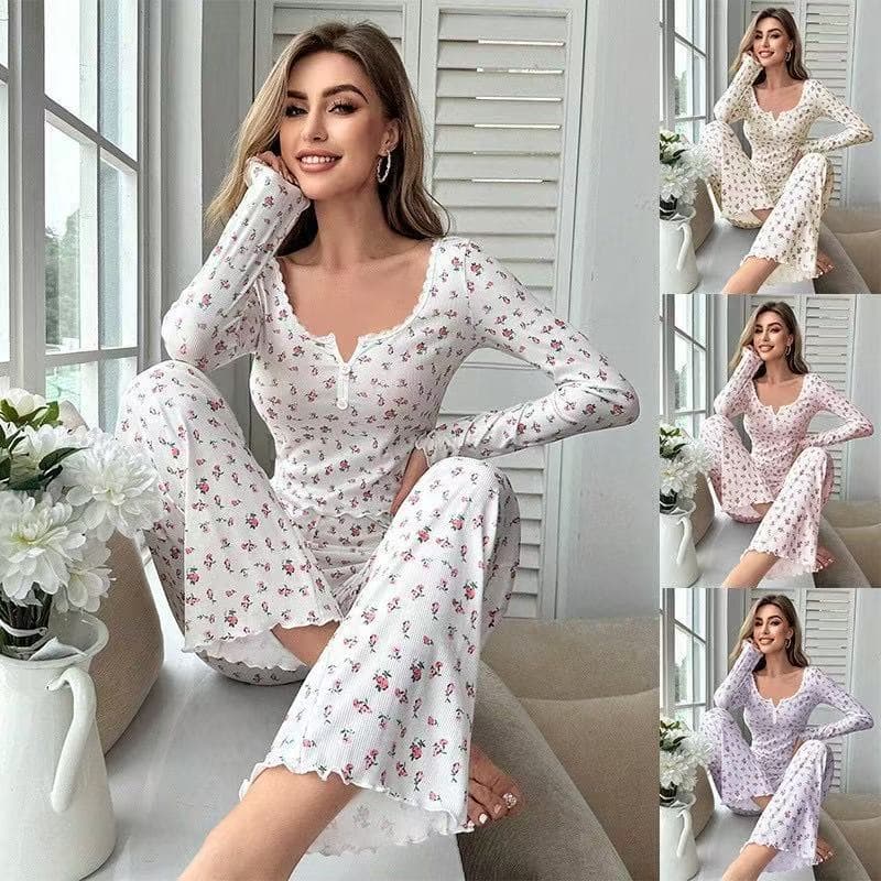 Women's Floral Print Long Sleeve V-Neck Sleepwear Set - Soft Polyester Lounge Pants & Top For Home Comfort
