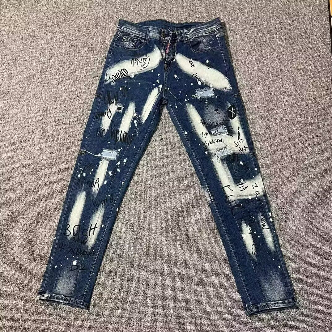 Men's Trendy Slim Fit Stretch Skinny Jeans 3D Cut Graffiti Print Ripped Patchwork Spring Summer New D2 Denim