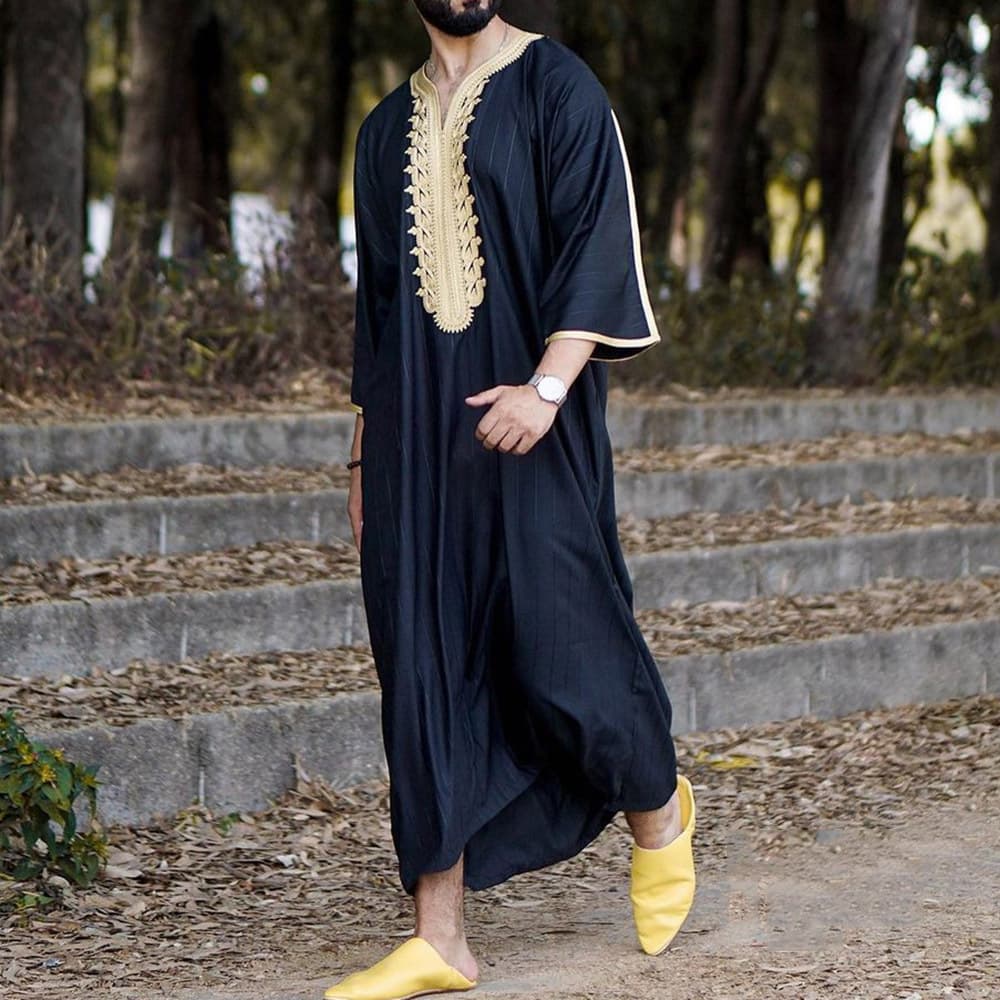 Men's moslem new navy blue embroidered long shirt in stock black muslim robe 1134997 embroidered same style