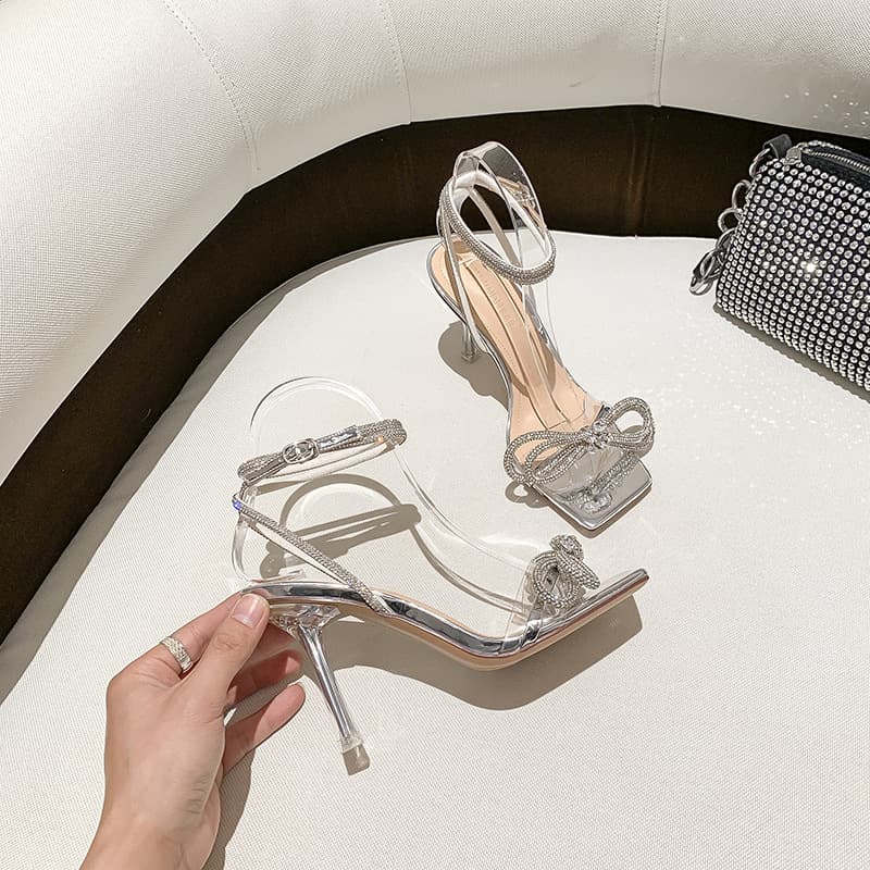 Women's fashion high sense open-toe rhinestone bow square head one-line buckle silver high-heeled sandals