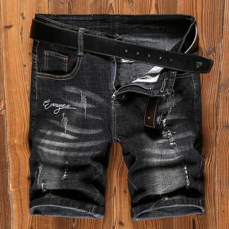 Men's Premium Embroidered Distressed Denim Shorts – Slim Fit Stretch Washed 5-Inch Shorts With Artistic Detailing (27-38, Black/Blue/Gray)