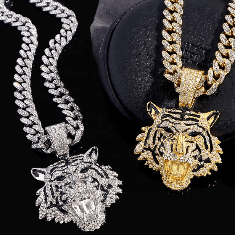 Ice Out Lion tiger Head Handmade Custom For men Micro-inlaid Hip Hop Big Pendant Men's Necklace