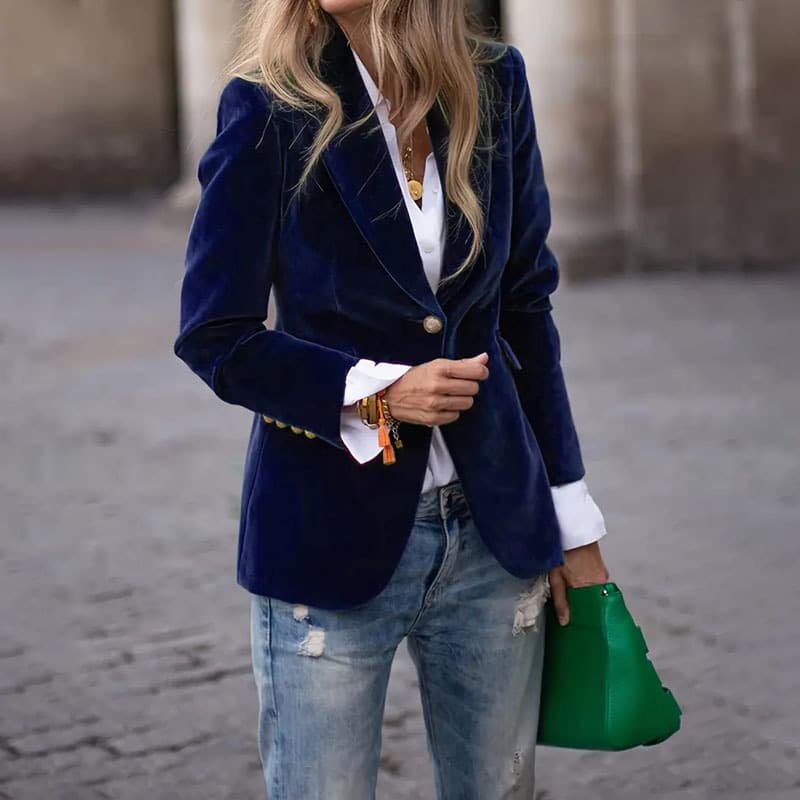 Vêtements pour femmes - Blazer élégant en velours pour femme - Coupe ajustée - Veste de tailleur à un bouton (Disponible en 6 couleurs)