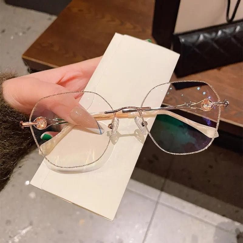 New champagne gold frameless polygon anti-blue light ladies reading glasses fashion flat mirror finished myopia wholesale
