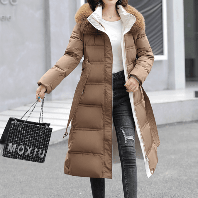Women's long over the knee big hair collar Korean version slimming belt cotton-padded jacket