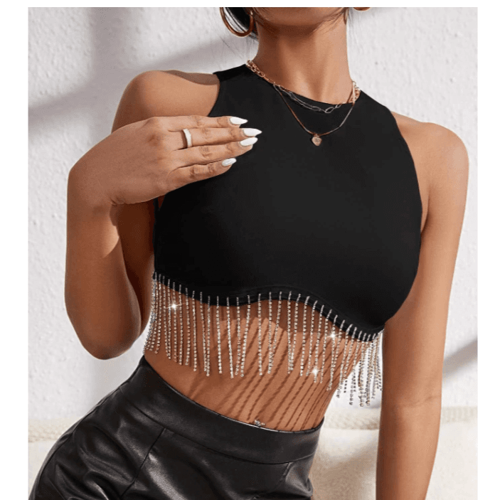 Hot Girls Sexy Solid Color Rhinestone Tassel Vest Sleeveless Halter Top