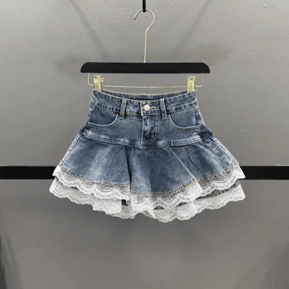New Elastic Denim Splicing Multi Layer Lace Tutu Skirt Cake Skirt Versatile Miniskirt