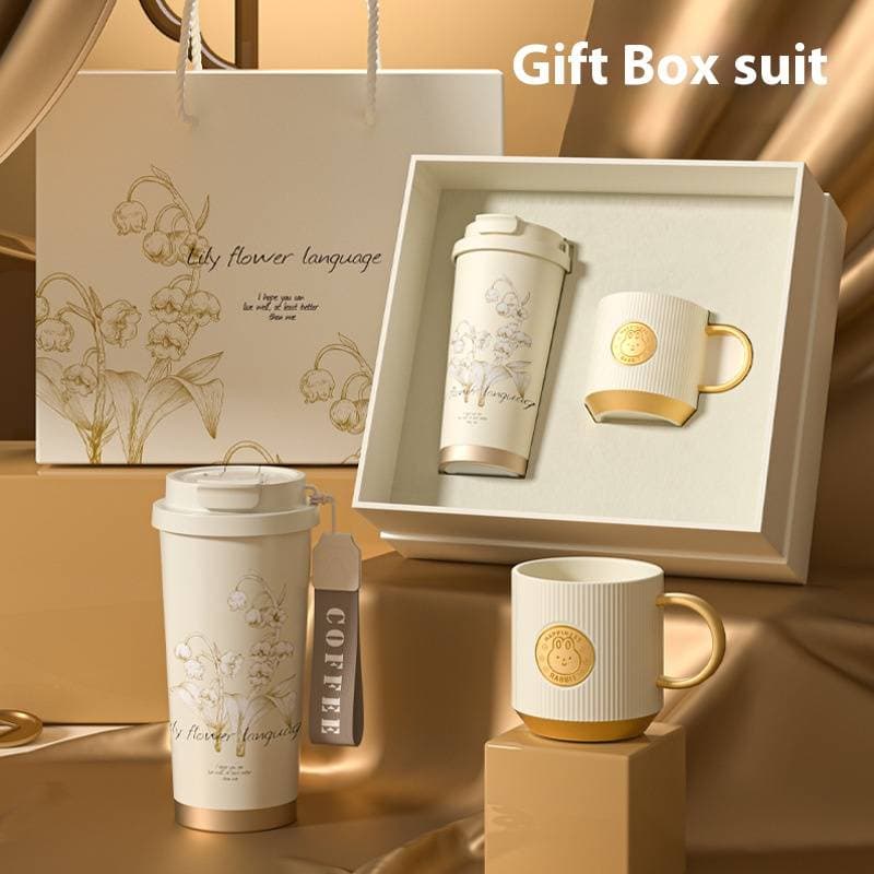Lily Of The Valley Coffee Gift Set - Elegant Ceramic & Stainless Steel Travel Tumbler With Spoon (530ml, Office & Car Cup, Leak-Proof, Gift Box)