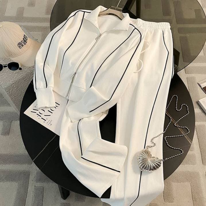 Women's Sports Suit Fashion Casual Age-Reducing Stylish Zipper Sweatshirt Wide-Leg Pants Two-Piece Set