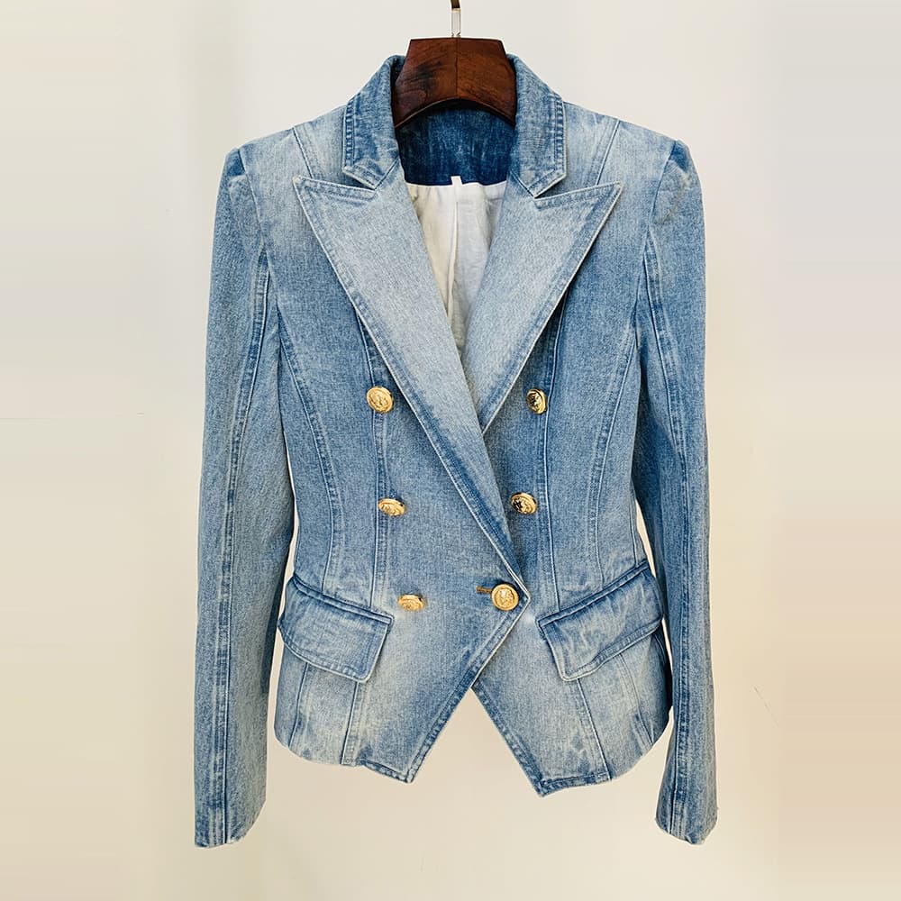 Women's slim-fit double-breasted lion buckle denim suit jacket